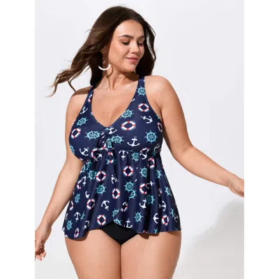 Bloomchic Nautical Anchor Print Flowy Supportive Fit Swim Top In Purple