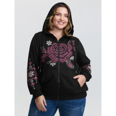 Bloomchic Nostalgic Rose Embroidered Drawstring Hoodie In Black