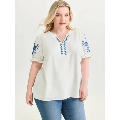Bloomchic Notched Collar Embroidered Ruffled Blouse In White