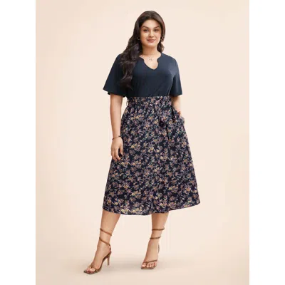 Bloomchic Notched Collar Floral Patchwork Belted Dress In Black