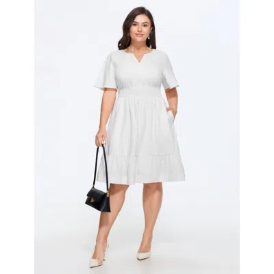 Bloomchic Notched Collar Shirred Waist Pocket Mini Dress In Originalwhite