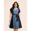 Bloomchic Notched Contrast Patchwork Belted Dress In Multi