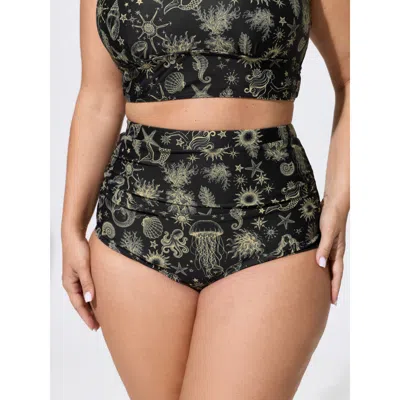 Bloomchic Ocean Elements Print Tummy-control Bikini Bottoms In Black