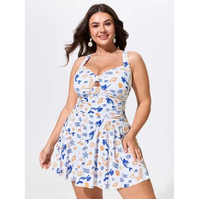 Bloomchic Ocean Print Cut-out Swim Dress In White