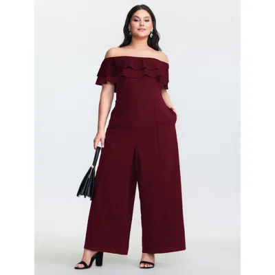 Bloomchic Off-shoulder Lotus Leaf Neckline Jumpsuit In Burgundy