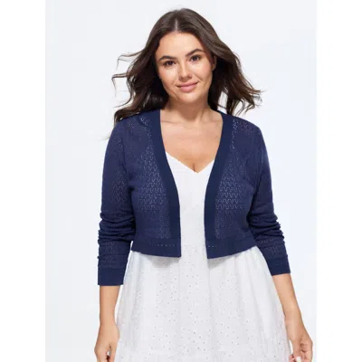 Bloomchic Open Front V Neck Eyelet Cropped Cardigan In Blue