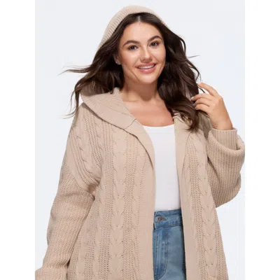 Bloomchic Open‑front Pocket Cable Knit Hooded Cardigan In Nude