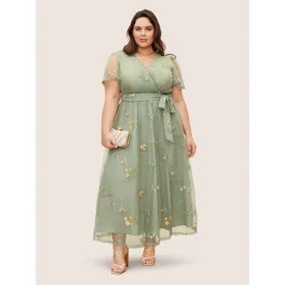Bloomchic Overlap Collar Mesh Floral Embroidered Dress In Green