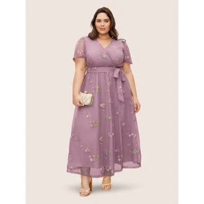 Bloomchic Overlap Collar Mesh Floral Embroidered Dress In Purple