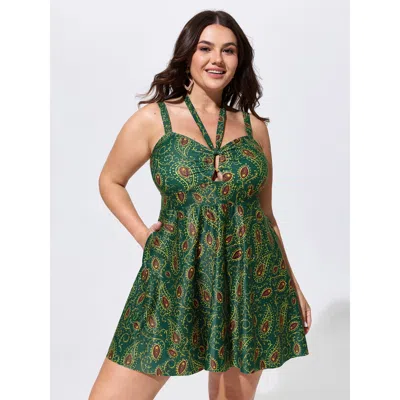 Bloomchic Paisely Print Neck-tie Pockets Swim Dress In Green