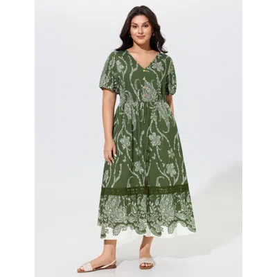 Bloomchic Paisley Floral Print Drawstring Waist Lace Tiered Midi Dress In Emerald