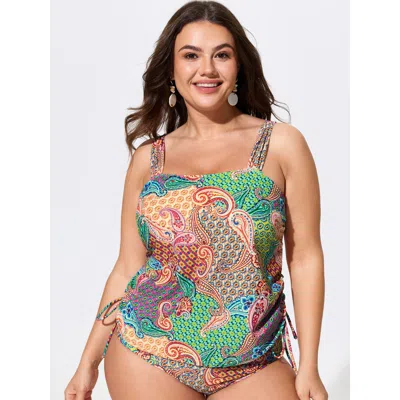 Bloomchic Paisley Print Adjustable Side Drawstring Swim Top In Brown