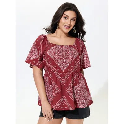 Bloomchic Paisley Print Flutter Sleeve Babydoll Blouse In Scarlet
