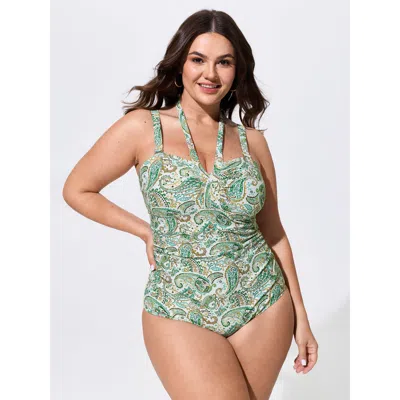Bloomchic Paisley Print Neck-tie One-piece Swim In Green