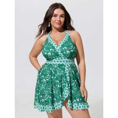 Bloomchic Paisley Print Pockets Color Contrast Swim Dress In Green