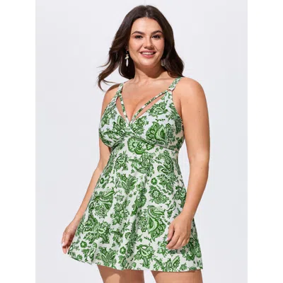 Bloomchic Paisley Print Pockets Fit And Flare Swim Dress In Green
