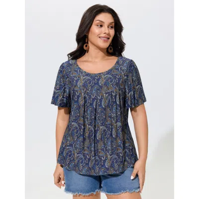 Bloomchic Paisley Print Round Neck Front Pleated Top In Indigo