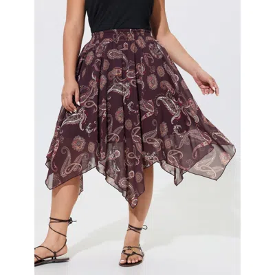 Bloomchic Paisley Print Shirred Waist Asymmetrical Mesh Midi Skirt In Browncoffeecolor