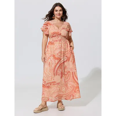 Bloomchic Paisley Print Shirred Waist Maxi Dress In Orange