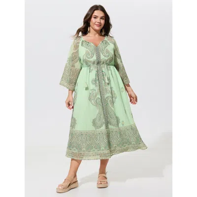 Bloomchic Paisley Print Tassel Tie Flare Sleeve Midi Dress In Green