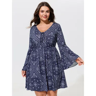 Bloomchic Paisley Print Tie Front Flare Sleeve Mini Dress In Darkblue