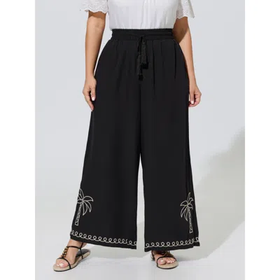 Bloomchic Palm Embroidery Tassel Drawstring Wide Leg Pants In Black