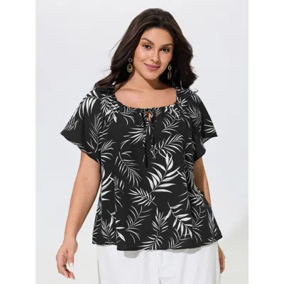 Bloomchic Palm Leaf Print Drawstring Neck Blouse In Blackflower
