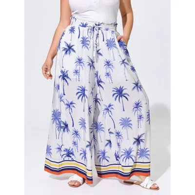 Bloomchic Palm Tree Print Wide Shirred Waistband Pants In Multi