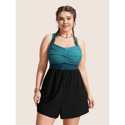 Bloomchic Patchwork Contrast Crossover One Piece Swimsuit In Blue
