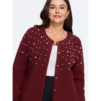 Bloomchic Pearl Beaded Round Neck Button Front Cardigan In Burgundy