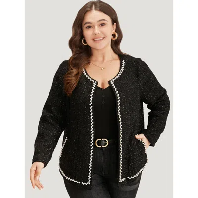 Bloomchic Pearl Tweed Beaded Texture Pocket Blazer In Black