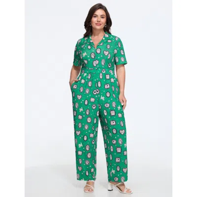 Bloomchic Pet Print Pocket Straight Leg Jumpsuit In Emerald