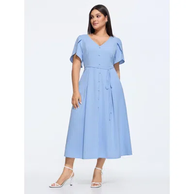 Bloomchic Petal Sleeve Drawstring Waist Plain Maxi Dress In Blue