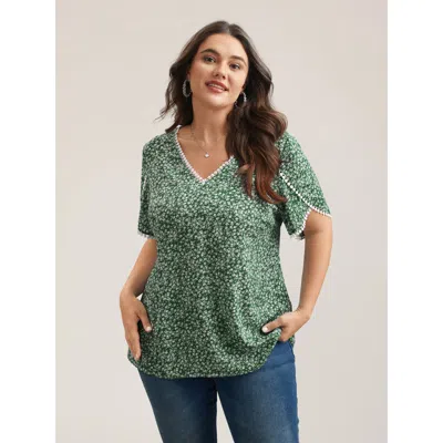 Bloomchic Petal Sleeve Floral Lace Spliced Shirt In Green
