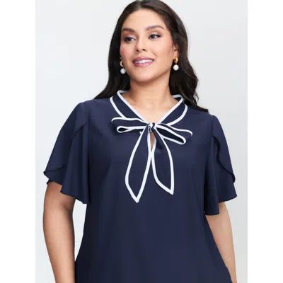 Bloomchic Petal Sleeve Ribbon Neckline Blouse In Blue