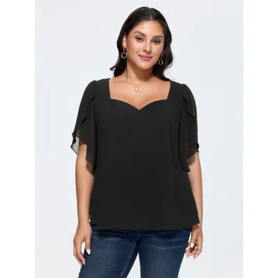 Bloomchic Petal Sleeve Sweetheart Neckline Blouse In Black