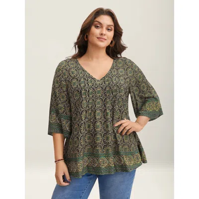 Bloomchic Pin-tuck Pleat Ornate Print Relaxed Fit Shirt In Black