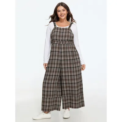 Bloomchic Plaid Adjustable Strap Sleeveless Wide Leg Jumpsuit In Brown