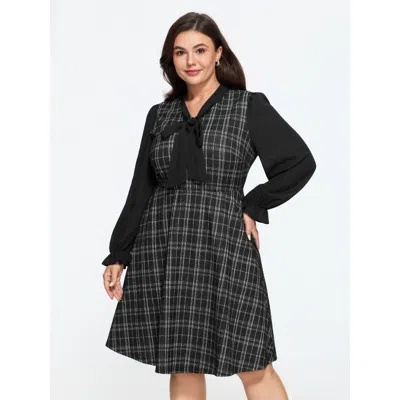 Bloomchic Plaid Bow Tie Long Sleeve Mini Dress In Black