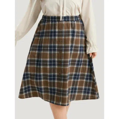 Bloomchic Plaid Button Detail Elastic Waist Woven Skirt In Multi