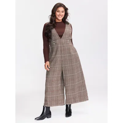 Bloomchic Plaid Button Detail V-neck Jumpsuit In Brown
