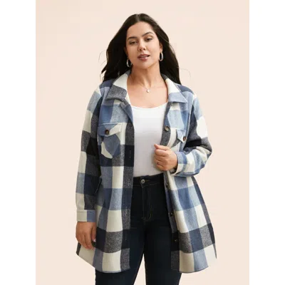 Bloomchic Plaid Chest Pockets Long Jacket In Lightblue