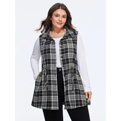 Bloomchic Plaid Collared Drawstring Waist Vest In Black
