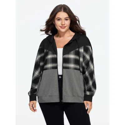 Bloomchic Plaid Color Block Drawstring Zipper Hoodie In Black