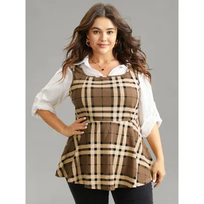 Bloomchic Plaid Contrast Flutter Hem Tank Top In Brown