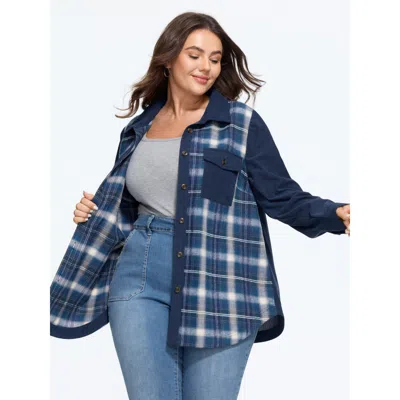 Bloomchic Plaid Corduroy Patchwork Button Down Jacket In Darkblue