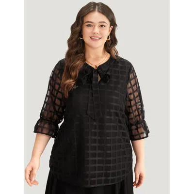 Bloomchic Plaid Knot Neck Mesh Woven Top In Black