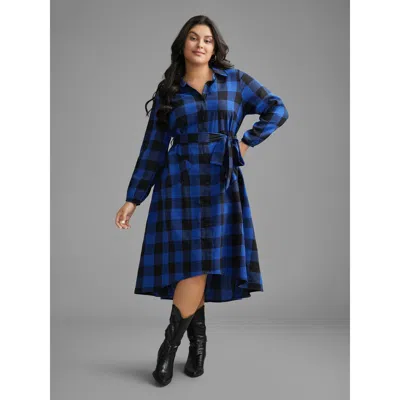 Bloomchic Plaid Patch Pocket Belted Midi Dress In Blue