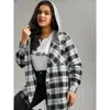 Bloomchic Plaid Patchwork Hooded Drawstring Button Through Jacket In Black