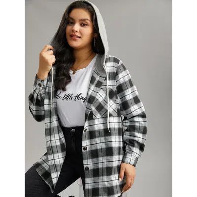 Bloomchic Plaid Patchwork Hooded Drawstring Button Through Jacket In Black